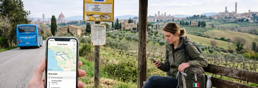 Traveler planning a bus journey between Florence, Siena and San Gimignano in Tuscany