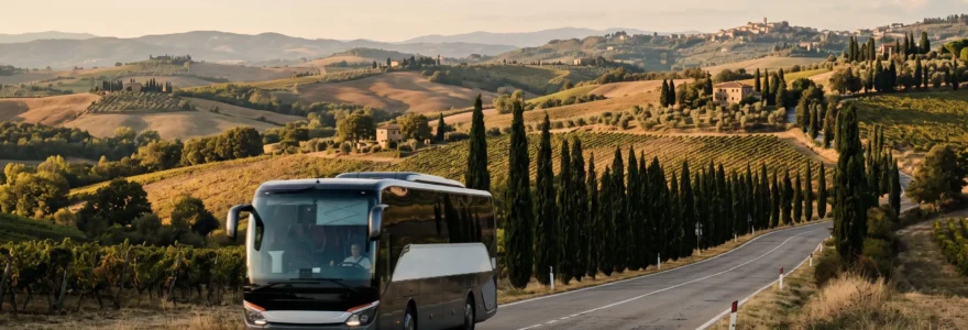 An intercity coach driving through the Tuscan countryside between Florence and Siena on a road bordered by cypress trees and vineyards.