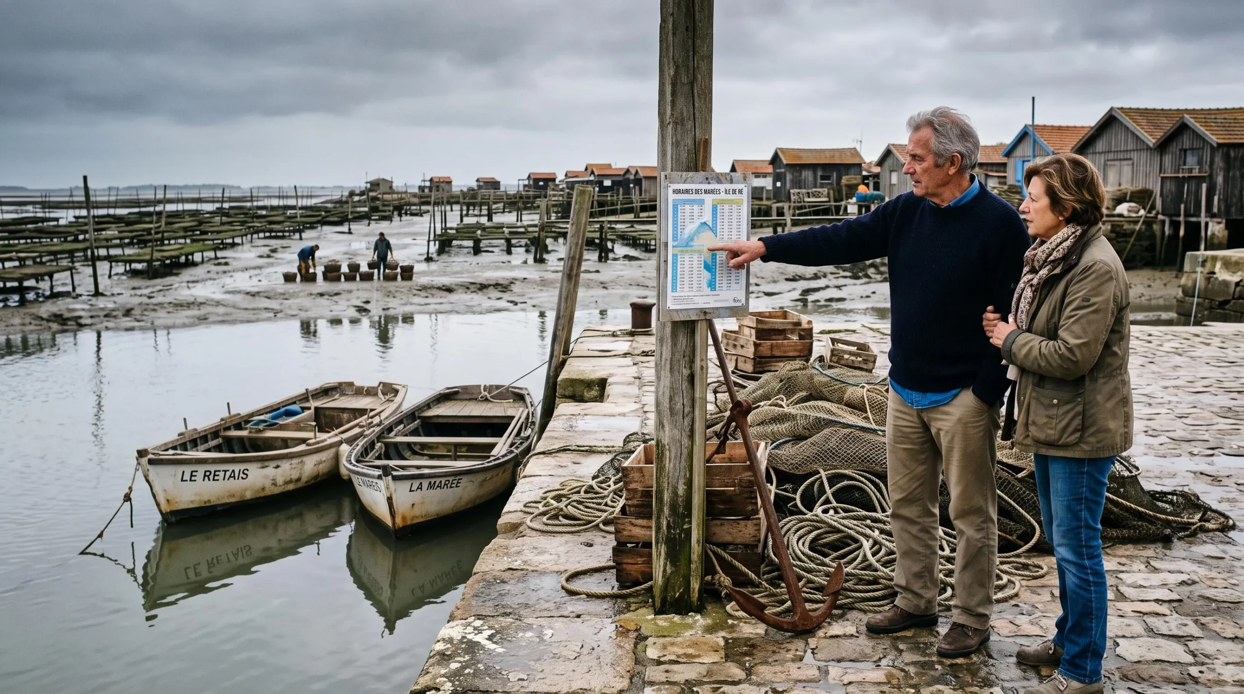 A couple studying a tide timetable on the quay of a small oyster port.