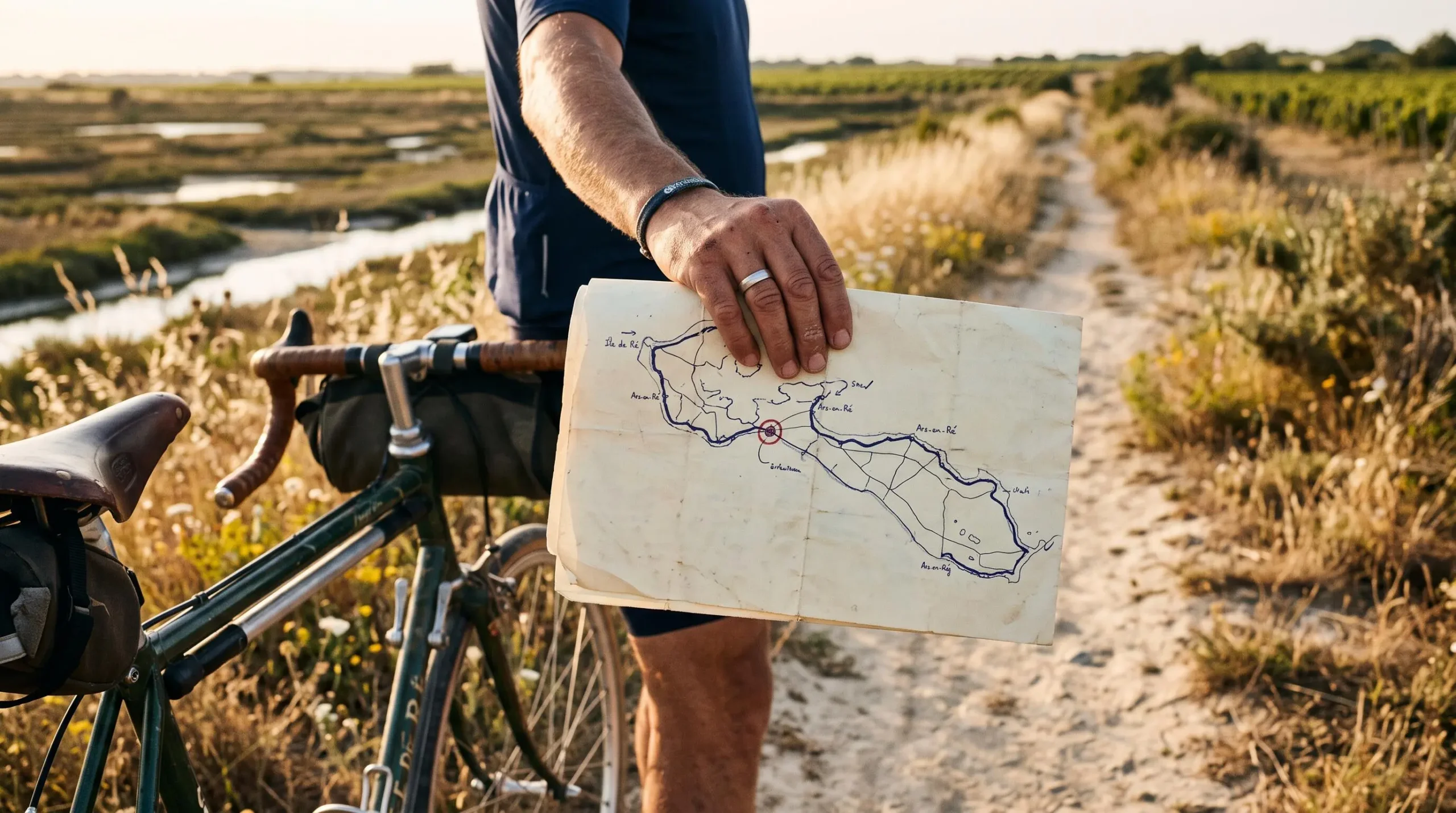 A hand holding a folded route map next to a bicycle on a sandy cycle path.