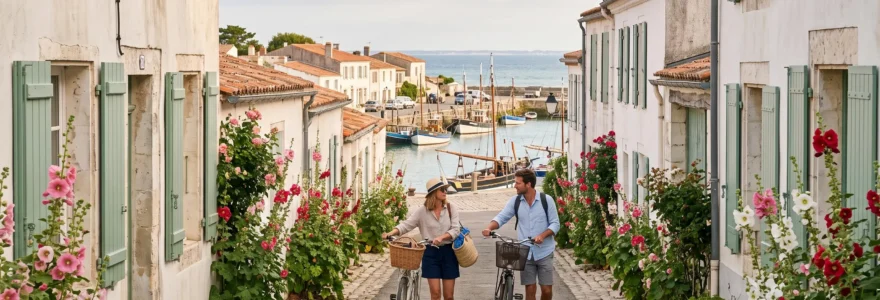 Cyclists pushing bicycles through a whitewashed coastal village street towards a small harbour.